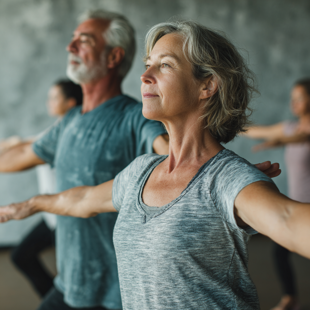 Middle-aged adults practicing gentle movement exercises in a peaceful environment